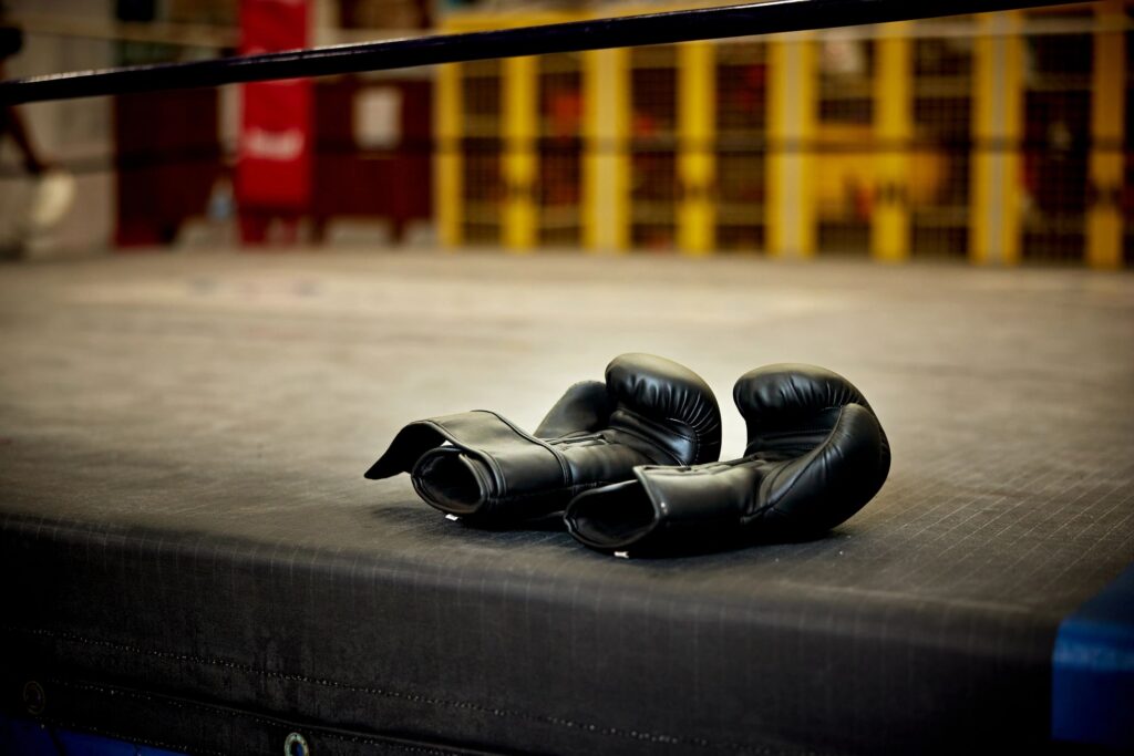 Portrait of black boxing gloves resting on canvas
